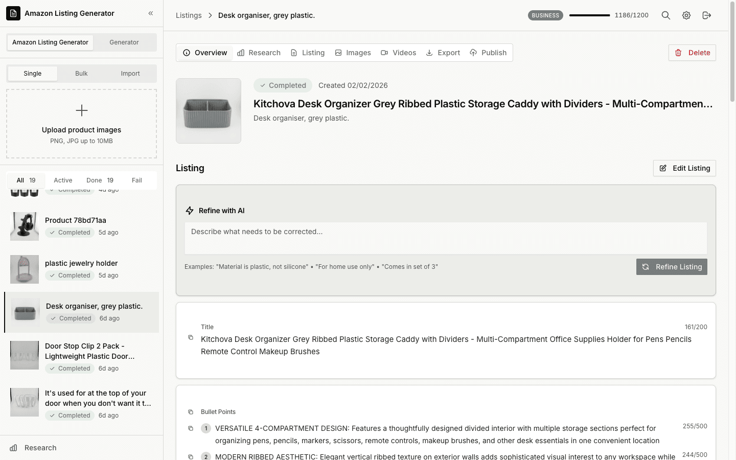 Amazon Listing Generator dashboard showing sidebar with products and a complete Amazon listing with images