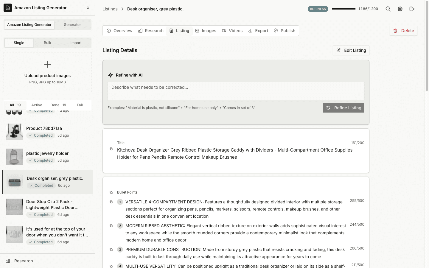 AI-generated Amazon listing with title, bullet points, description, and keywords